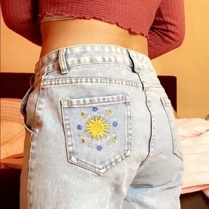 Sun, moon, and star embroidered mom jeans